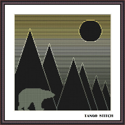 Geometric mountains and bear abstract cross stitch pattern