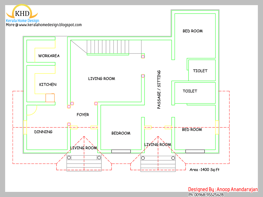 Single Floor House Plan and Elevation - 1400 Sq. ft | home appliance