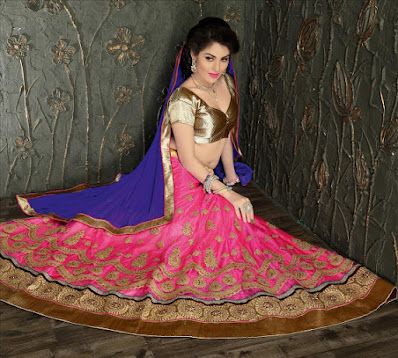 Embroidered Pink color Lehnga with Blue color Dupatta with Brocade Blouse