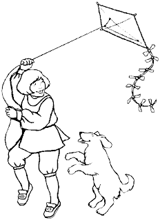 kid playing kite with a dog  coloring pages