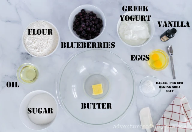 labeled ingredients for blueberry muffins recipe