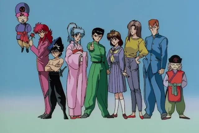 Os protagonistas de Yu Yu Hakusho na frente de um fundo azul celeste