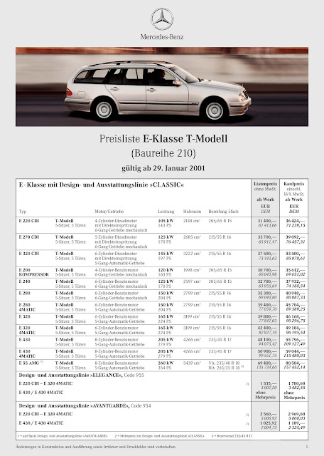 Mercedes-Benz S 210 E-Klasse T-Modell Preisliste 01/2001