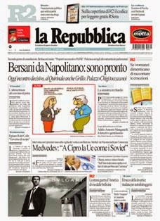 La Repubblica del 21 Marzo 2013 | ISSN 0390-1076 | TRUE PDF | Quotidiano | Cronaca | Politica
La Repubblica è un quotidiano italiano, con sede a Roma, appartenente al Gruppo Editoriale L'Espresso.
È il secondo quotidiano d'Italia per diffusione, dopo il Corriere della Sera di Milano.
È primo nelle statistiche sul lettorato, con una quota stimata di 3 milioni e 523.000 lettori.