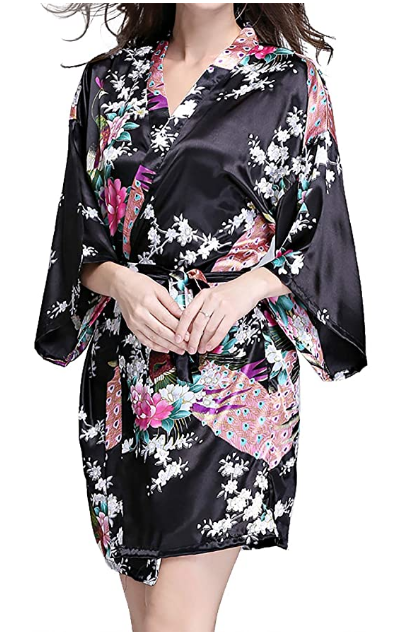 Women's Satin Kimono Robe Floral Print Bridemaids Nightgown Bath Robe Lingerie Sleepwear