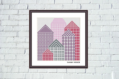 Modern houses skyscraper city landscape cross stitch pattern - Tango Stitch