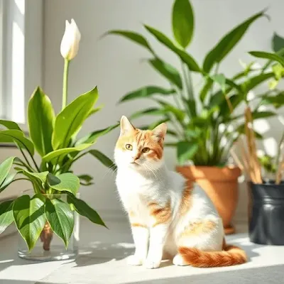Cat in a bright room with a peace lily and pet-safe plants