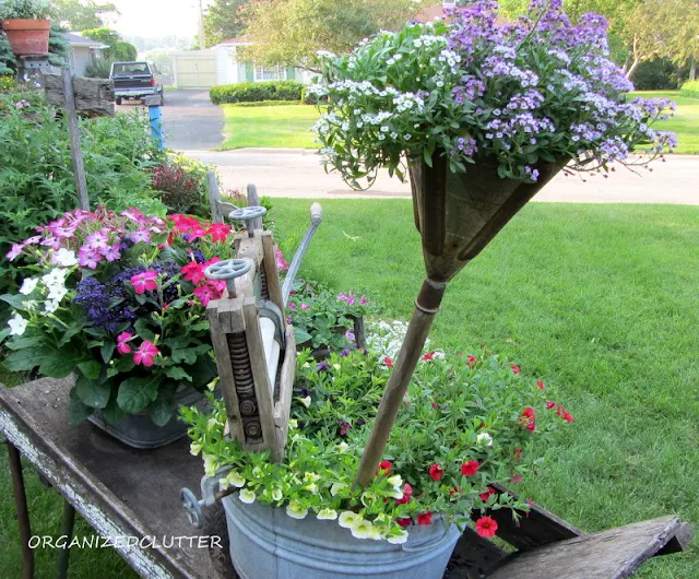 Wheelbarrow Laundry Themed Container Garden Vignette