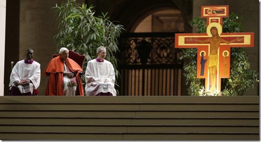 Pope Benedict XVI attends a meeting with members of the Taize Community in St Peter's Square at the Vatican