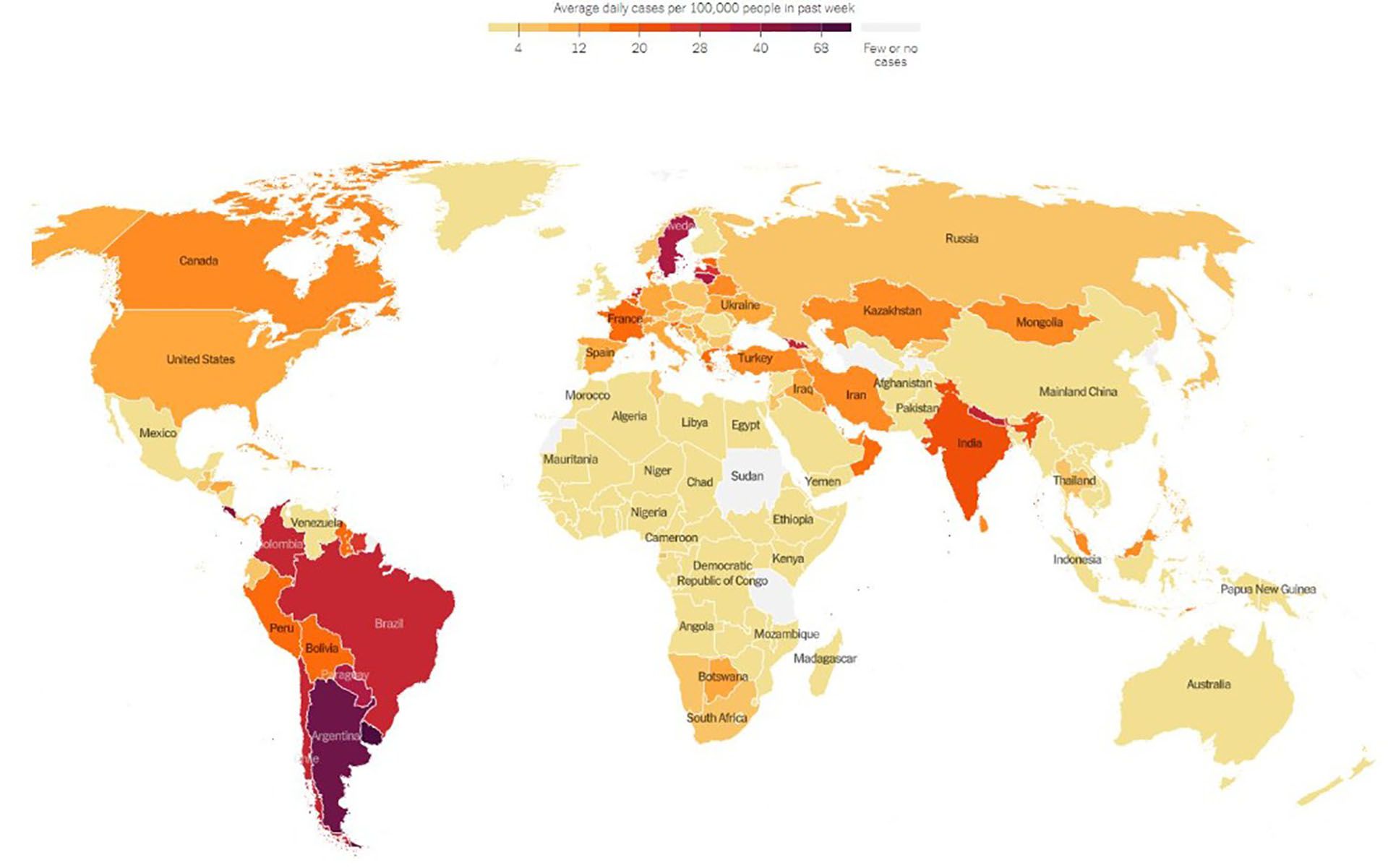 Coronavirus: el mapa de The New York Times que marca a Argentina como uno de los países más afectados del mundo