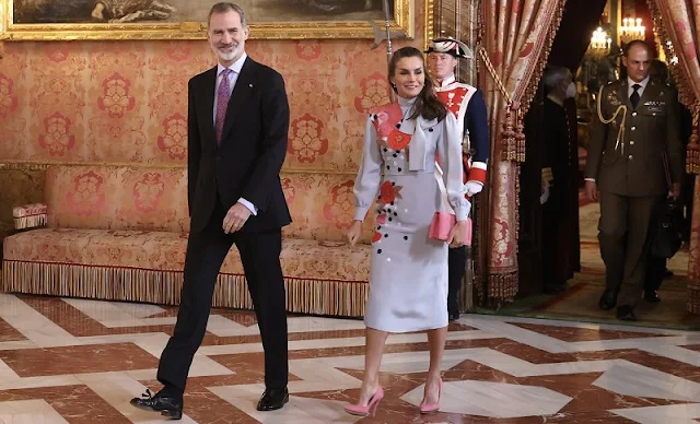 Queen Letizia wore a floral embroidered dress from Pertegaz Fall Winter 2019-20 pret-a-porter collection