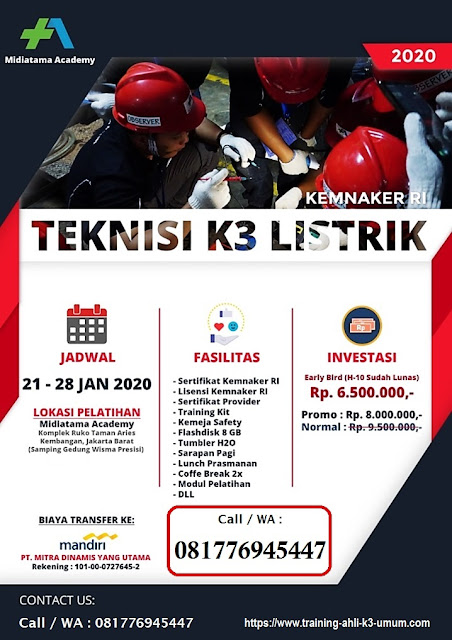 Teknisi K3 Listrik kemnaker tgl. 21-28 Januari 2020 di Jakarta