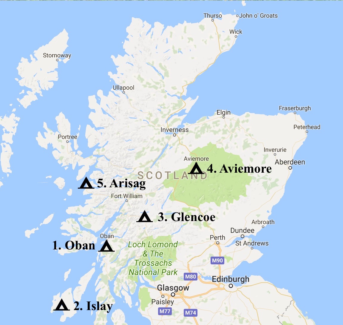 Map showing the best campsites in Scotland, www.CalMCTravels.com, The best campsites in Scotland