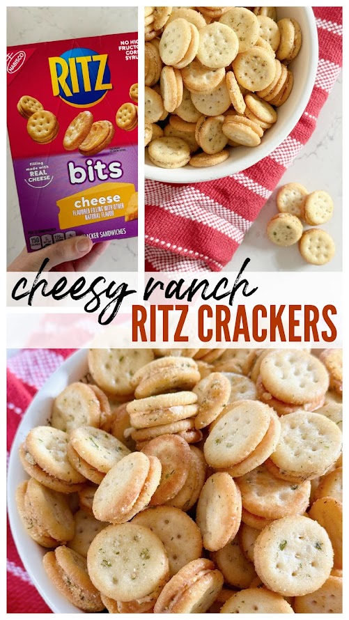 A collage of Ritz cheese bitz crackers in a box, plus in a white bowl on a red towel.