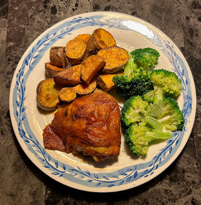 Mustard barbecued chicken thighs, oven roasted sweet potatoes and steamed broccoli