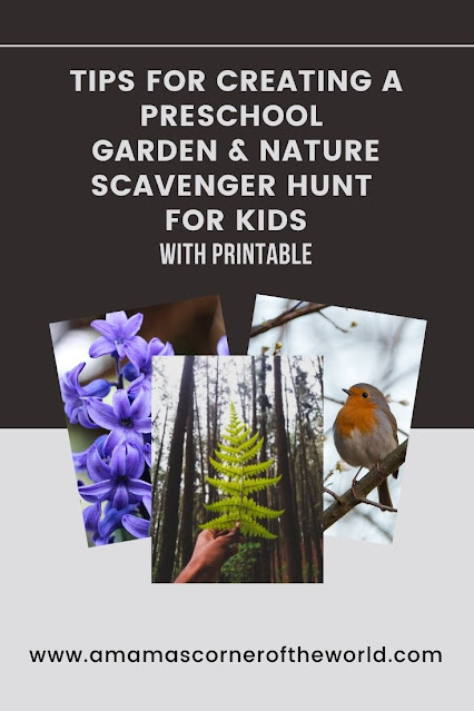 Pinnable image to save these tips for creating a preschool garden and nature scavenger hunt for kids