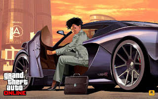 GTA V Artwork wider screen aspect ratio wallpaper sexy corporate dressed girl coming out of exotic car