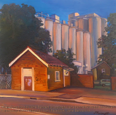 Plein air oil painting of Mungo Scott Flour Mills Summer Hill painted by landscape artist Jane Bennett