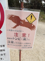 Watch for birds of prey - sign seen at the Kyoto Botanical Garden