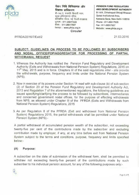 CPS(PFRDA) News : Circular regarding Guidelines for process be followed for processing of partial withdrawal requests