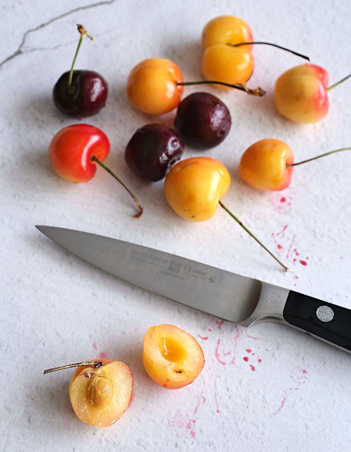 Recipe for a cherry cobbler, baked with a cream cheese biscuit top.