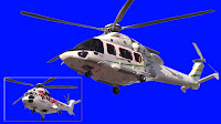 A white helicopter with colored stripes against a blue background with another white and red helicopter inset.