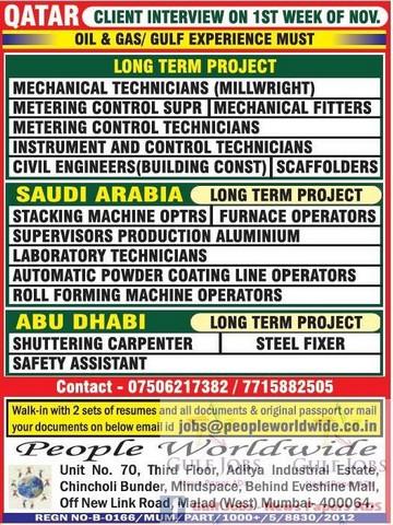 Long term job vacancies for Qatar, KSA & Abudhabi