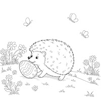 Hedgehog rolling Easter Egg up Hill
