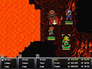 The party battles a Red Ghaj, a powerful enemy in Chrono Trigger.