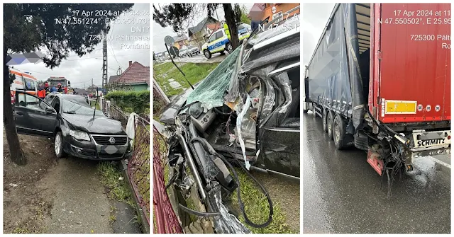 Accident la Păltinoasa. Două persoane rănite în autoturismul strivit de un camion
