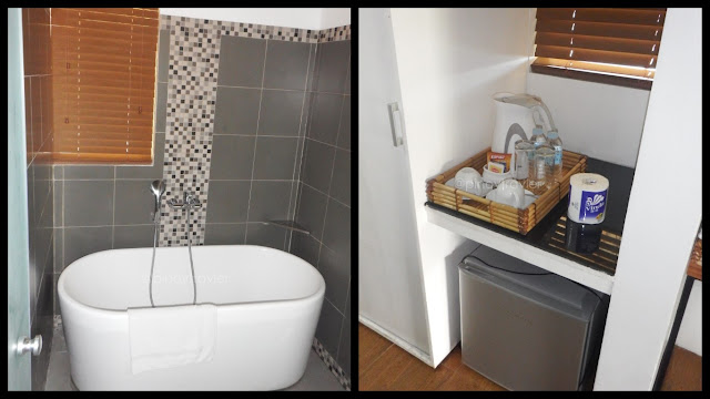 collage photos of the shower stall, coffee amenities and fridge at Mikomiko Resort in Mondragon Northern Samar