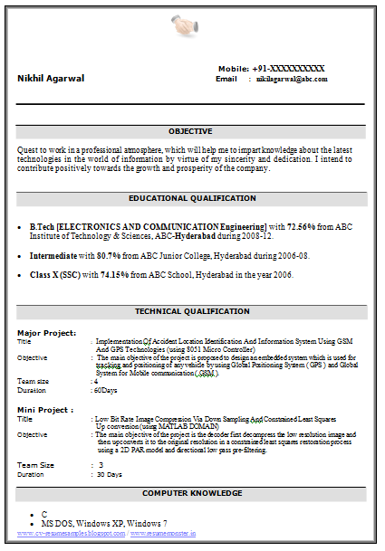 Resume samples for freshers b.tech ece free download
