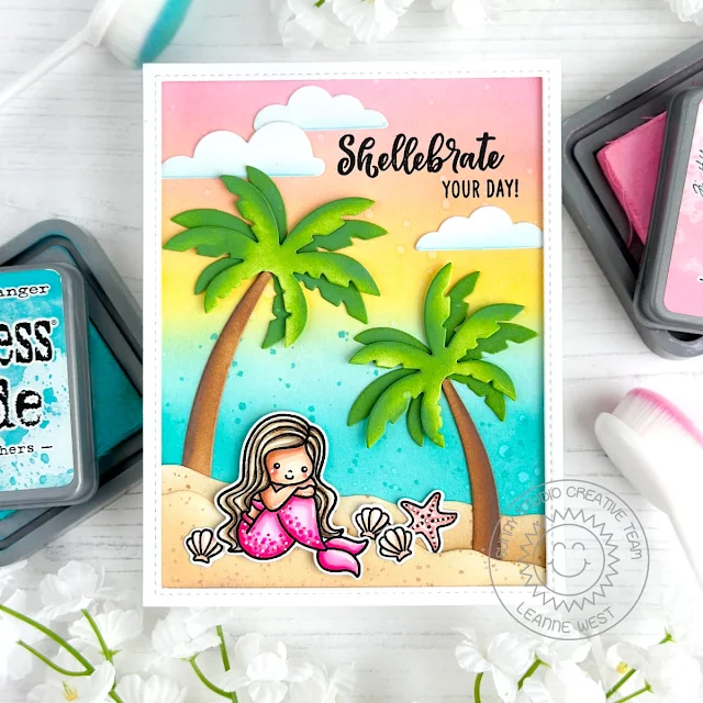 Sunny Studio Stamps: Mermaid Kisses Beach Themed Card by Leanne West (featuring Tropical Trees Backdrop Dies)