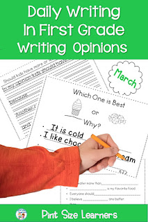 March Writing Prompts for 1st Grade | Writing Activities & Journal for 1st Grade Engage your first grade students in writing with these March writing prompts and activities. These writing prompts are perfect for a March writing journal or daily writing. These writing activities will have your first grade students working on identifying fact and option as well as writing their opinions. Students will work on writing their opinions and giving reasons to support it. This is a foundational skill for persuasive writing. Help your students develop broad writing skills with these 1st Grade Writing Activities for March!