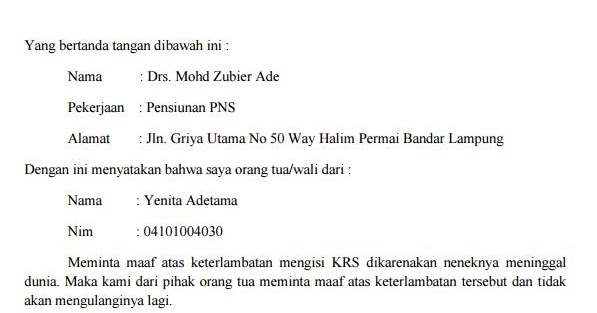 Contoh Surat Pernyataan Maaf Keterlambatan KRS Mahasiswa 