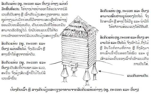 ບ່ອນເກັບສະບຽງອາຫານ (ເລົ້າ ຫຼື ສາງ) ທີ່ປອດໄພ, ການເກັບຮັກສາໝາກໄມ້, ຜັກ, ຊີ້ນ ແລະ ນ້ຳນົມ, ຕາກແຫ້ງ, ຢ້າງ ຫຼື ລົນຄວັນ, ການໝັກ (ເຮັດສົ້ມ ຫຼື ເຮັດປາແດກ).