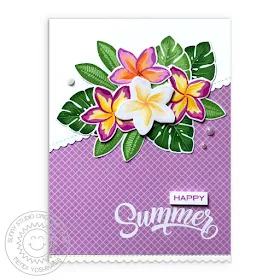 Sunny Studio Blog: Happy Summer Handmade Card by Mendi Yoshikawa (using Radiant Plumeria Stamps, Gingham Pastels Paper & Frilly Frames Stripes Dies)