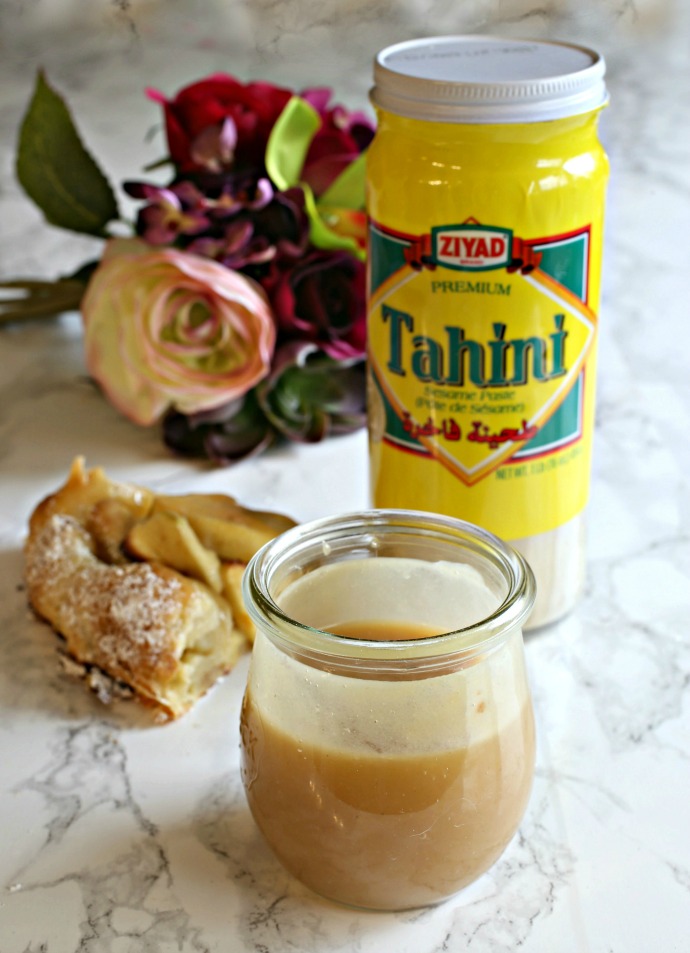 Recipe for an apple dessert in puff pastry with tahini caramel sauce.