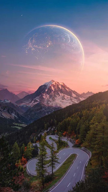 Surreal Landscape, Mountain, Road, Moon, Planet,  iPhone Wallpaper