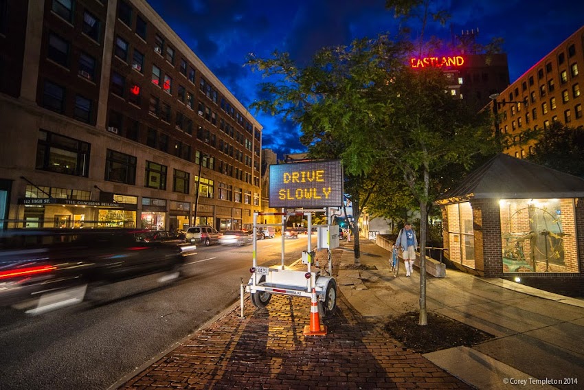 High Street Portland, Maine USA Night Photo at Congress Square Drive Slowly sign at night photo by Corey Templeton