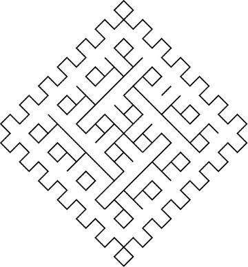 Straight black lines forming a diamond shape made from zig-zags and filled with a broken spiralling pattern