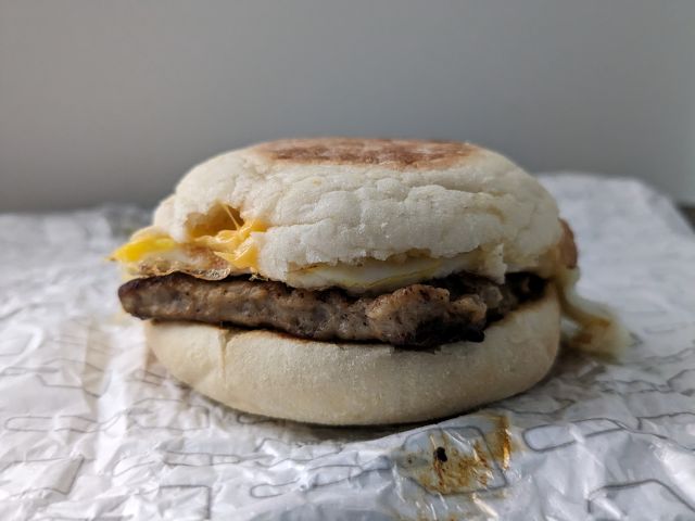 Wendy's Sausage, Egg & Cheese English Muffin side-view.