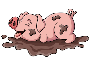 A cartoon character of a very happy pig laying in mud which looks similar to the photo I took of Boris