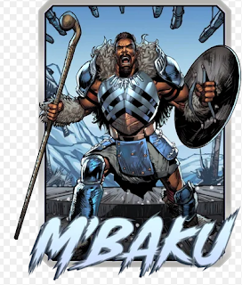 M'Baku's Marvel Snap Card. Shows M'Baku in his armor, holding a club in one hand and a shield in the other. He's got his head thrown back and is roaring.