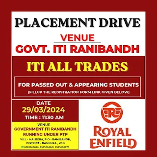 ITI Jobs Vacancies in Royal Enfield Company | ITI Campus Placement Drive at Ranibandh Government ITI West Bengal