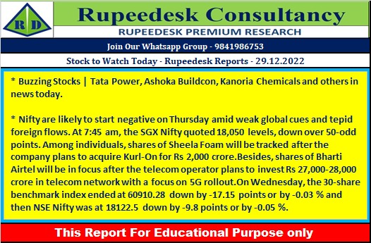 Stock to Watch Today - Rupeedesk Reports - 29.12.2022