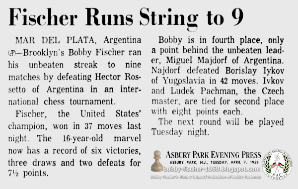 Bobby Fischer Runs His Unbeaten Streak to Nine Matches