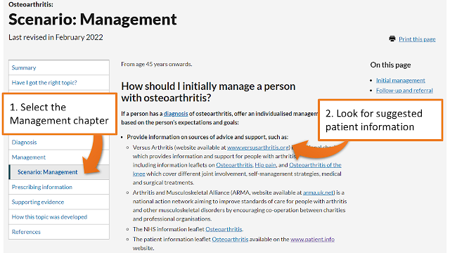 clinical knowledge summaries page, showing the management chapter with suggested patient information options