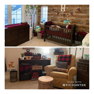 Collage of Buffalo Plaid Cabin Nursery - Crib, glider, diaper changing table, dresser