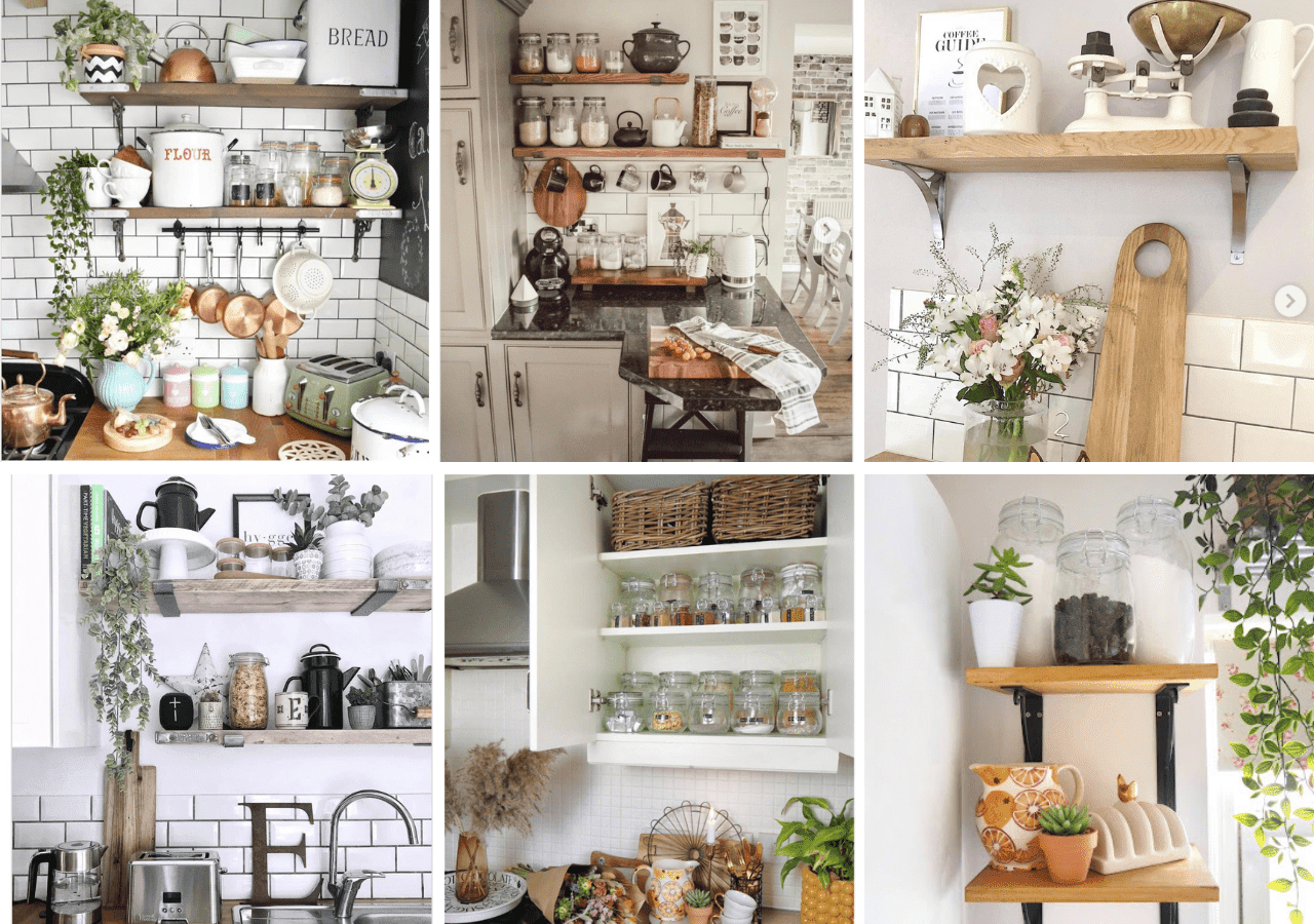 The must-have essential items and accessories you need to style kitchen scaffold board shelves in your home. Kitchen shelf styling tips for rustic, country cottage, vintage style interiors